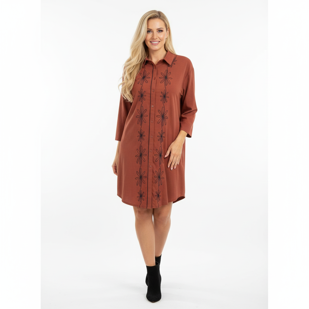VESTIDO NEFELIBATA TERRACOTA PRETO MANGA CUMPRIDA BORDADO FLOR BOTÕES MANGA 3/4