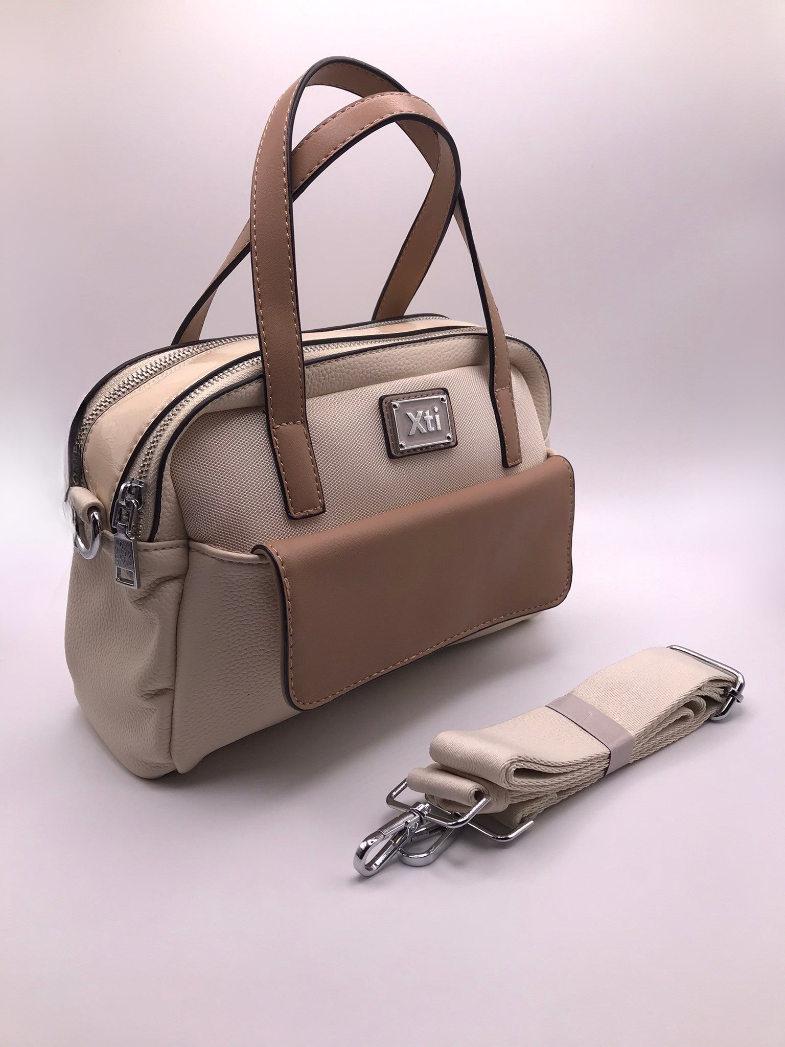 MALA XTI CREME BEGE CASTANHO CLARO ECO PELE ALÇA REMOVIVÉL AJUSTÁVEL