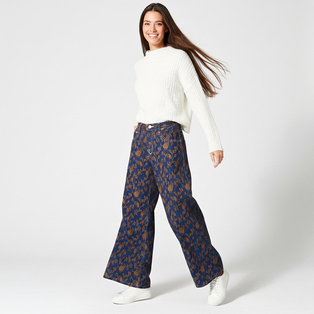 CALÇA GANGA MOCHY AZUL MARINHO ESTAMPA FLORAL FLORES CASTANHO BOLSO FRONTAL E TRASEIRO