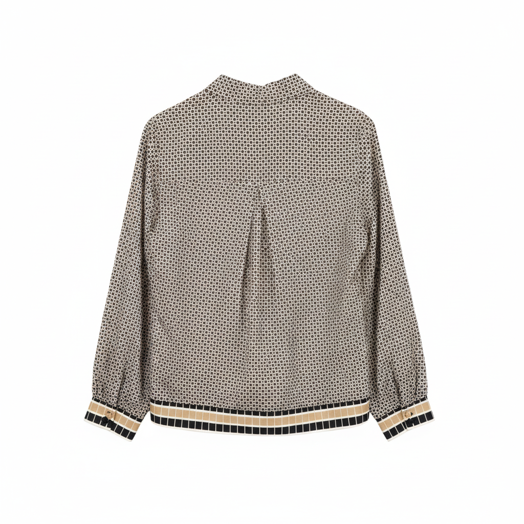 CAMISA SKATIE BRAND BEGE CASTANHO PRETO E BRANCO ESTAMPA GEOMETRICA MINI LOSANGO