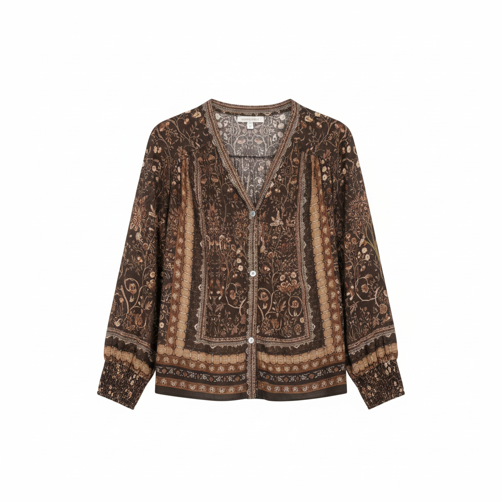 CAMISA CAMILLE FRANCE CASTANHO DECOTE EM BICO BOTÕES ESTAMPA FLORAL