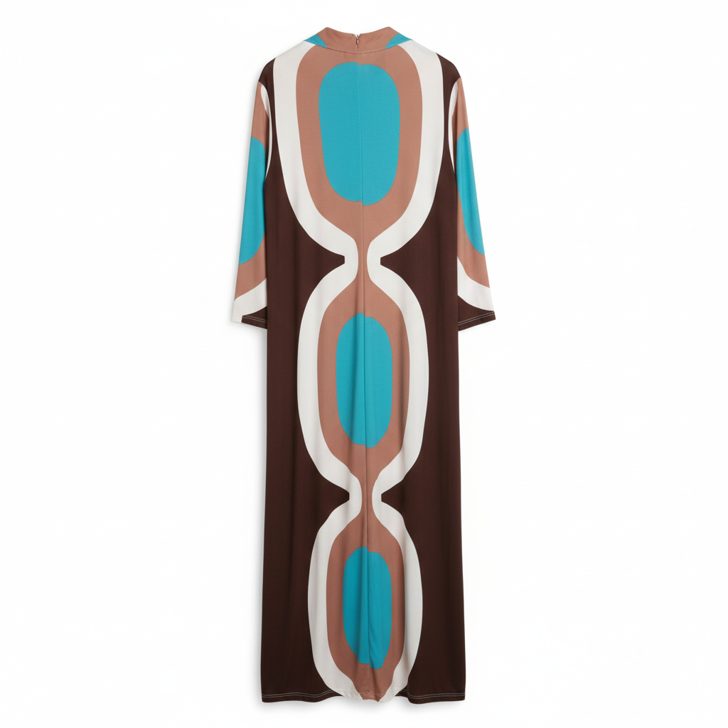 VESTIDO CAMILLE FRANCE AZUL CASTANHO BRANCO FENDA FRONTAL MANGA CUMPRIDA PADRÃO CIRCULOS LONGO