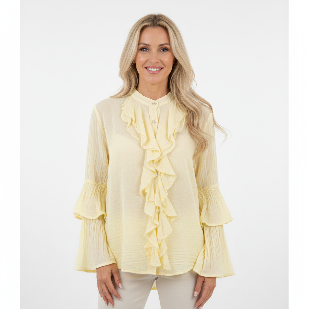 CAMISOLA APRIL VINTAGE AMARELO BEBE DECOTE CANOA BABADOS FRONTAL