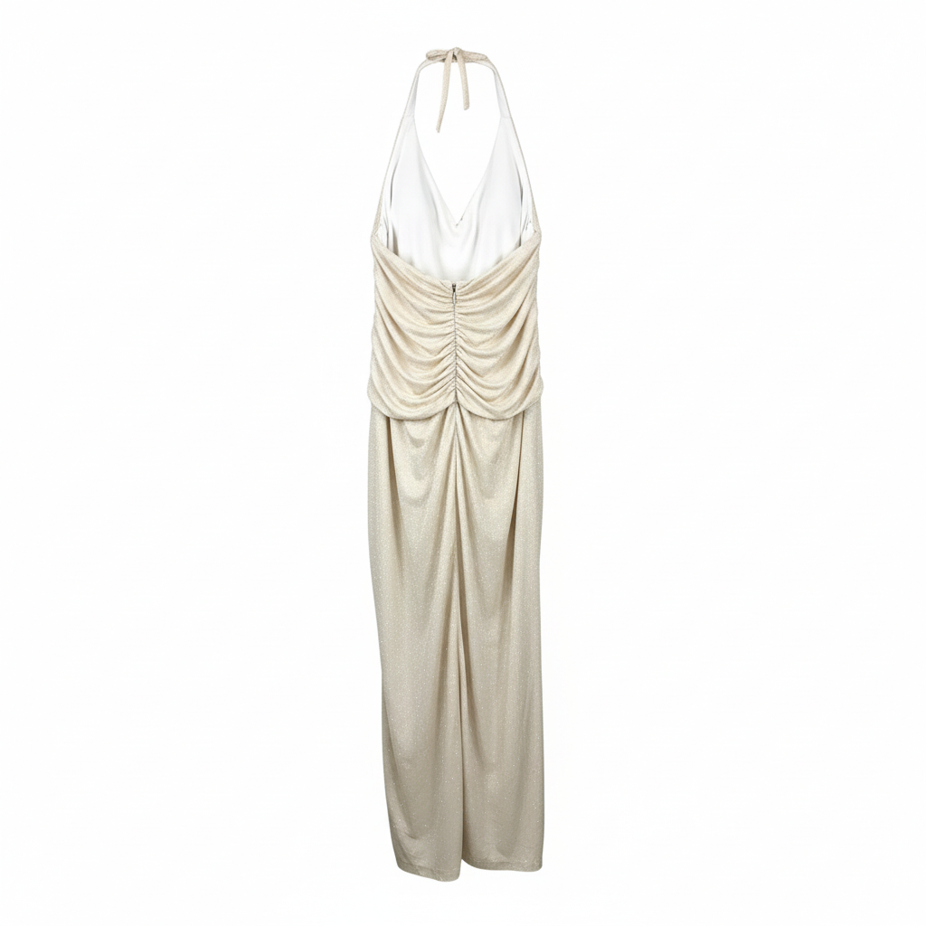 VESTIDO CREME BRILHO BABADO DECOTE TRANSPASSADO AMARRAÇÃO ZIPER