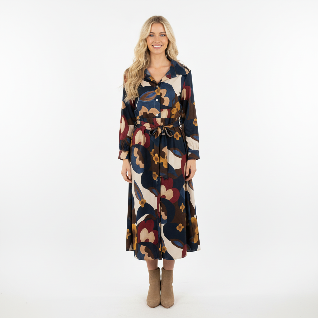 VESTIDO CAMILLE FRANCE ESCURO BRANCO CASTANHO BORDO BOTÕES CINTO PADRÃO FLORES LONGO