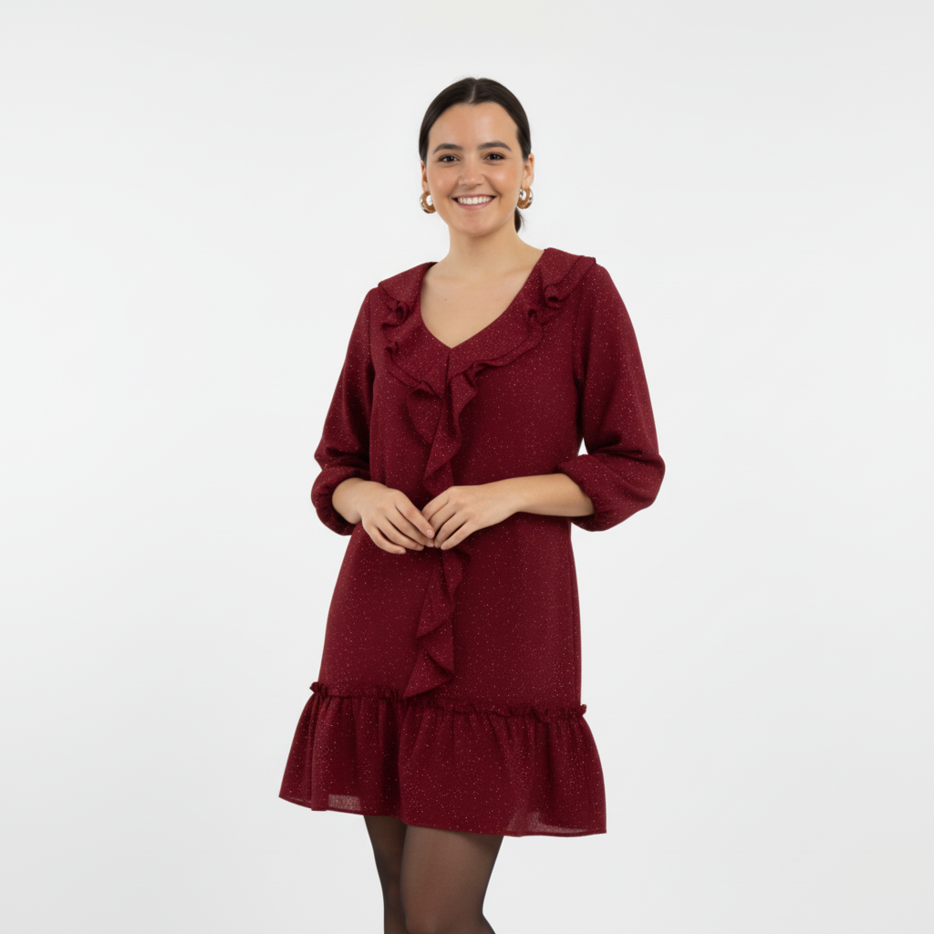 VESTIDO VERMELHO FESTA MANGA CUMPRIDA BRILHO BABADO FRONTAL DECOTE BARRA