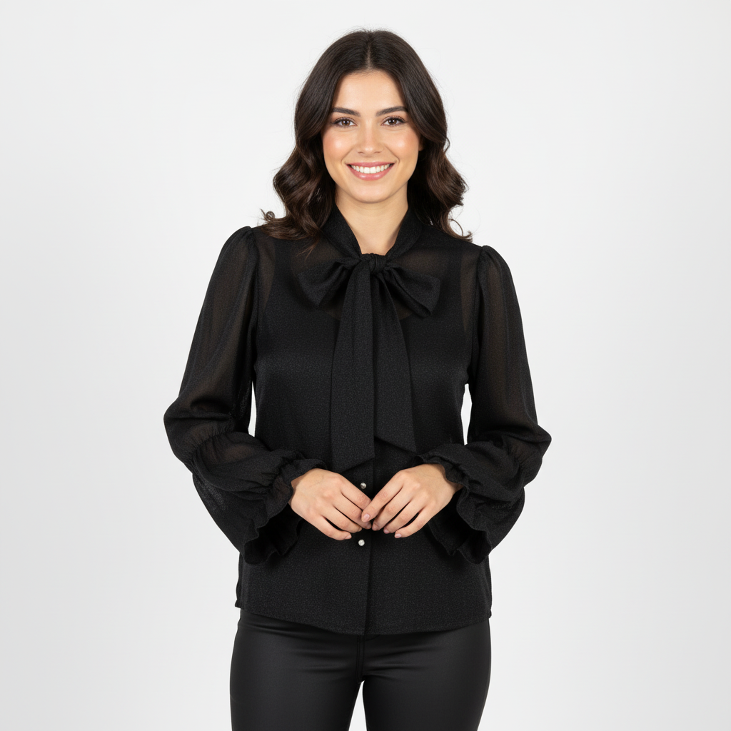 CAMISA MILANO PRETO GOLA LAÇO AMARRAÇÃO BOTÕES