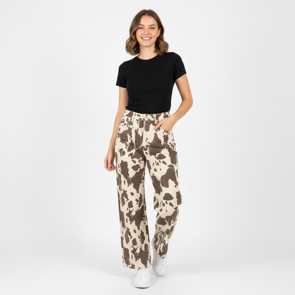 CALÇA RETA Y•TWO WOMAN VACA COW CASTANHO ESCURO E BEGE BOLSOS ZIPER