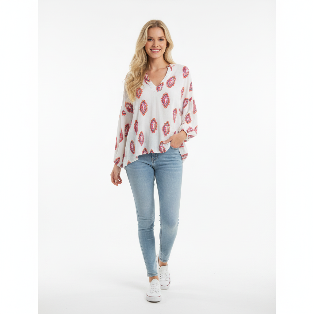 CAMISOLA GOLD&SILVER BRANCO ROSA PINK AZUL LARANJA DECOTE EM BICO MANGA CUMPRIDA BORDADO MIÇANGAS MI AMOR