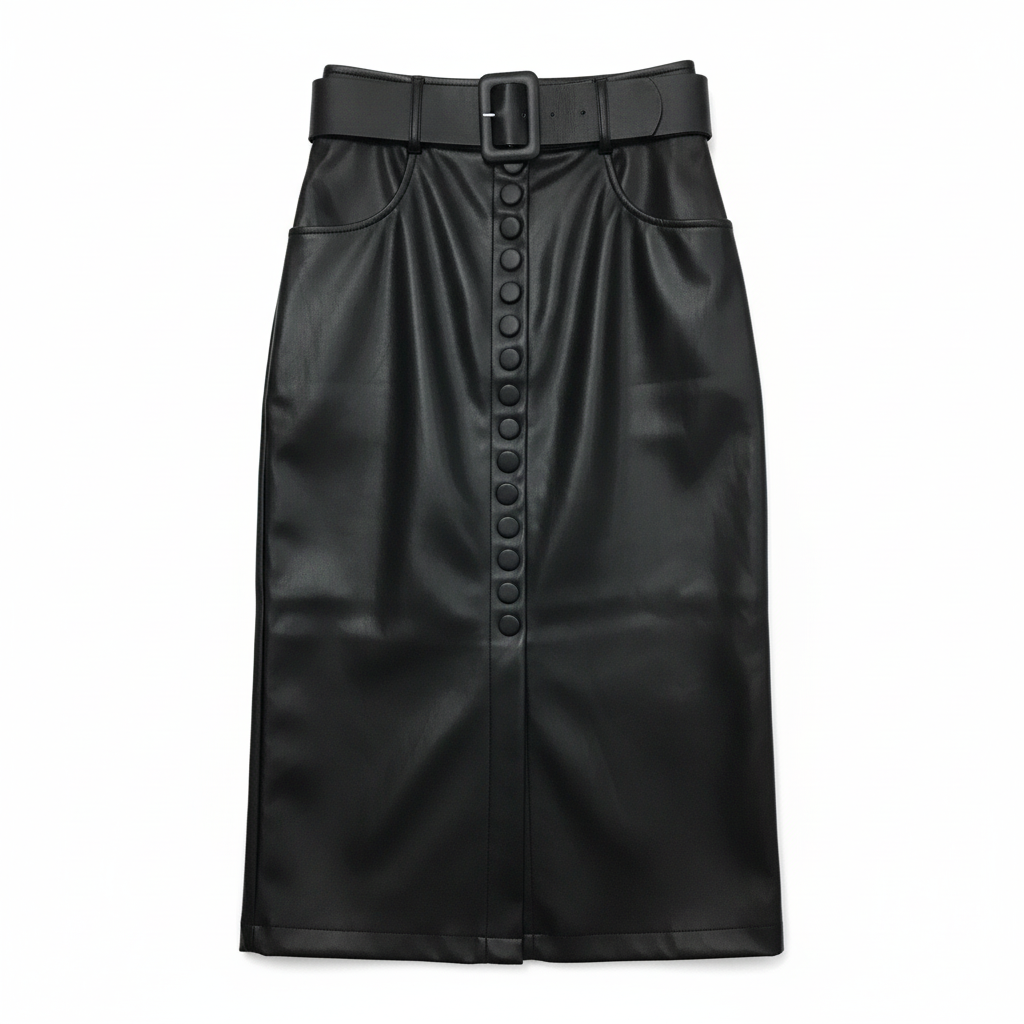 SAIA MIDI PRETO ECO PELE BOTÕES FRONTAL CINTO FIVELA MAXI