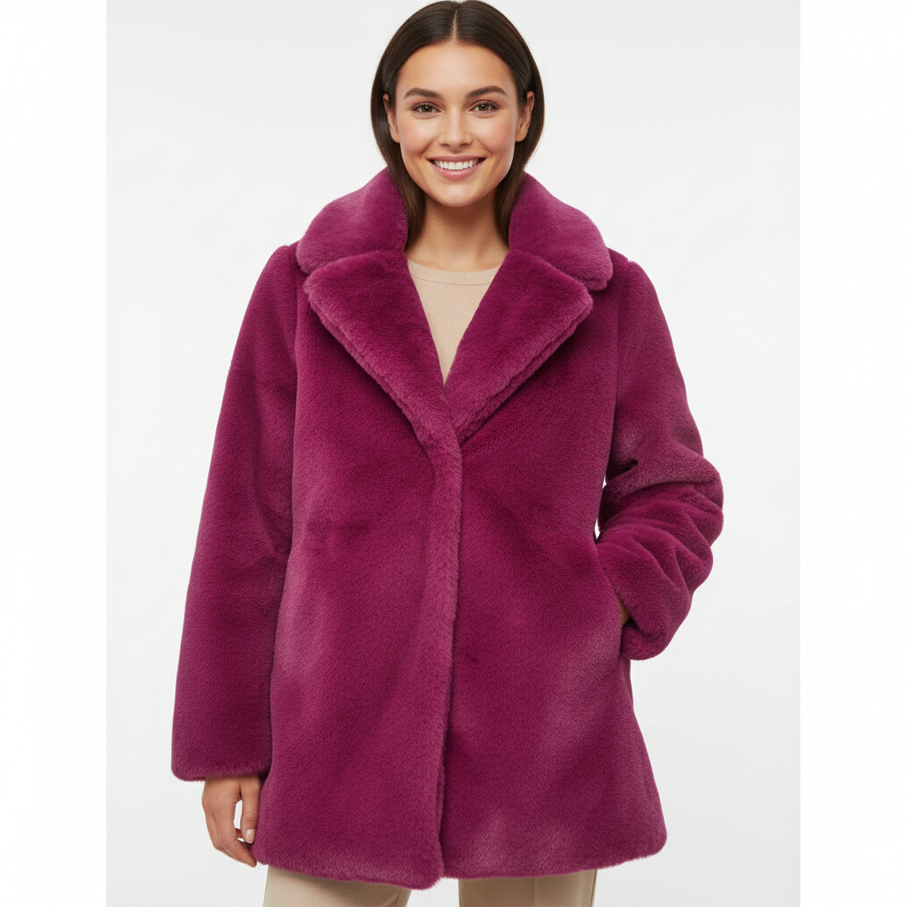 CASACO 3 DESY PELUCHE TEDDY MÉDIO ROXO VELUDO PELOS BOTÕES DE PRESSÃO BOLSOS