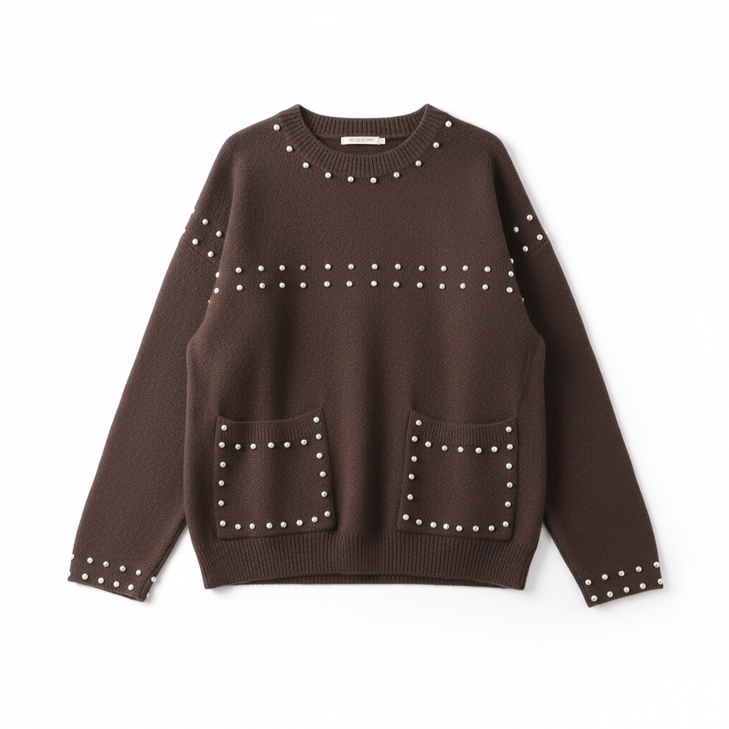 CAMISOLA AZARA CASTANHO CHOCOLATE DECOTE CANOA MANGA CUMPRIDA TAXAS BOLAS BOLSO FRONTAL