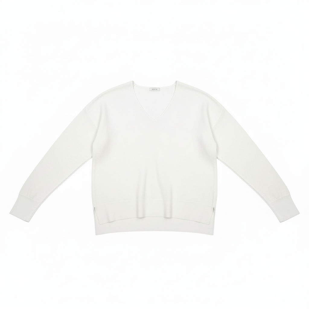 CAMISOLA MAS FASHION CREME DECOTE EM BICO MANGA CUMPRIDA CANELADA FENDA LATERAL