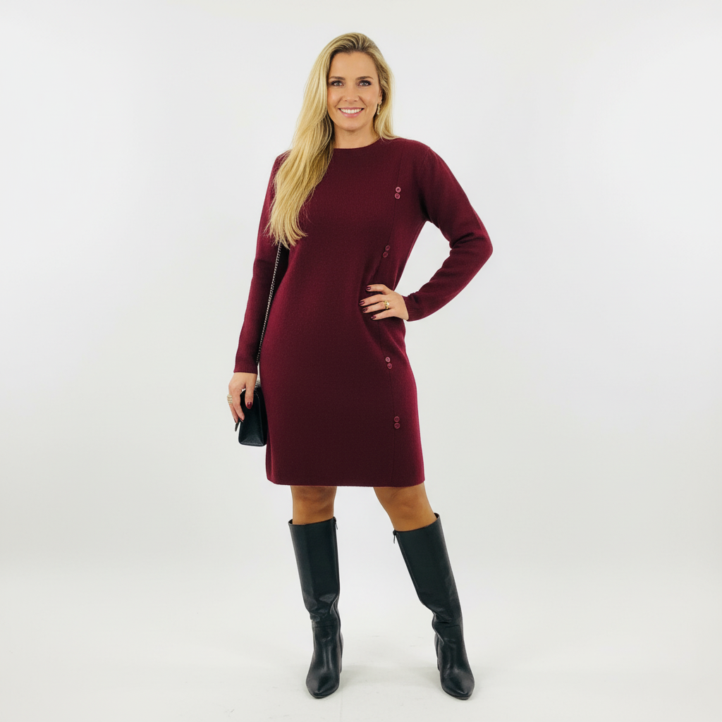 VESTIDO SINAIS VISIVEIS BORDO MANGA CUMPRIDA APLICAÇÕES BOTÕES LATERAL