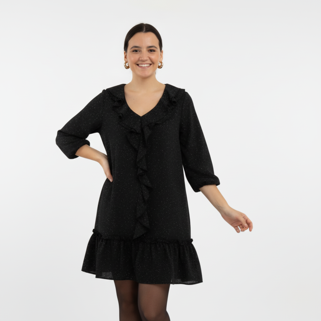 VESTIDO PRETO FESTA MANGA CUMPRIDA BRILHO BABADO FRONTAL DECOTE BARRA
