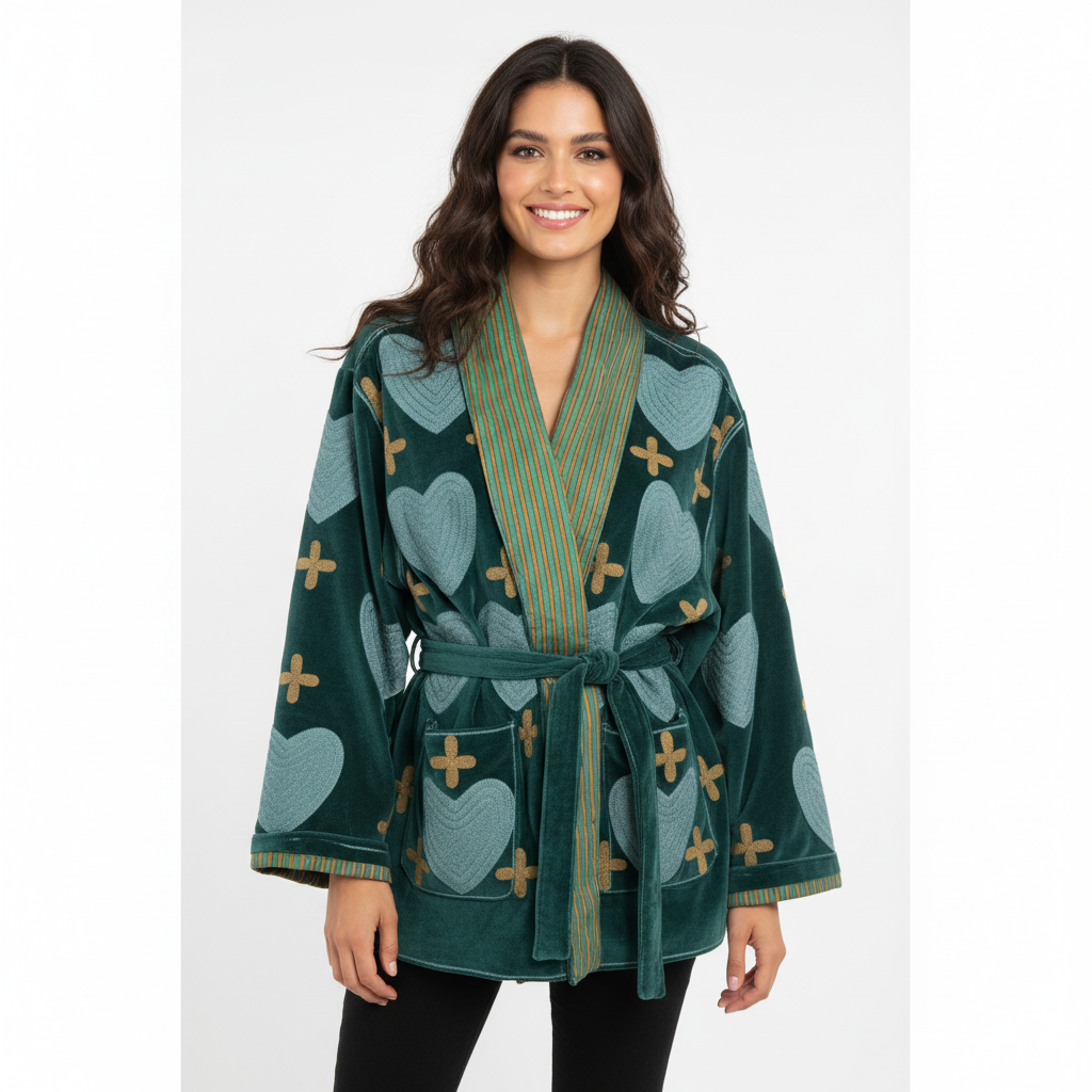 CASACO REVERSÍVEL SUMITRA VERDE ÁGUA CORAÇÕES VELUDO CINTO AMARRAÇÃO ZIPER PRATA BOLSOS FRONTAL