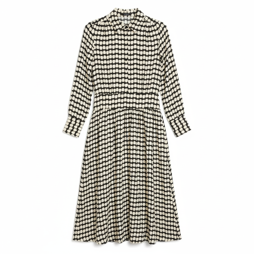 VESTIDO SKATIE BRAND BRANCO E PRETO PADRÃO BOLAS AJUSTE TRASEIRO ELÁSTICO PUNHOS BOTÕES ZIPER FRONTAL LONGO