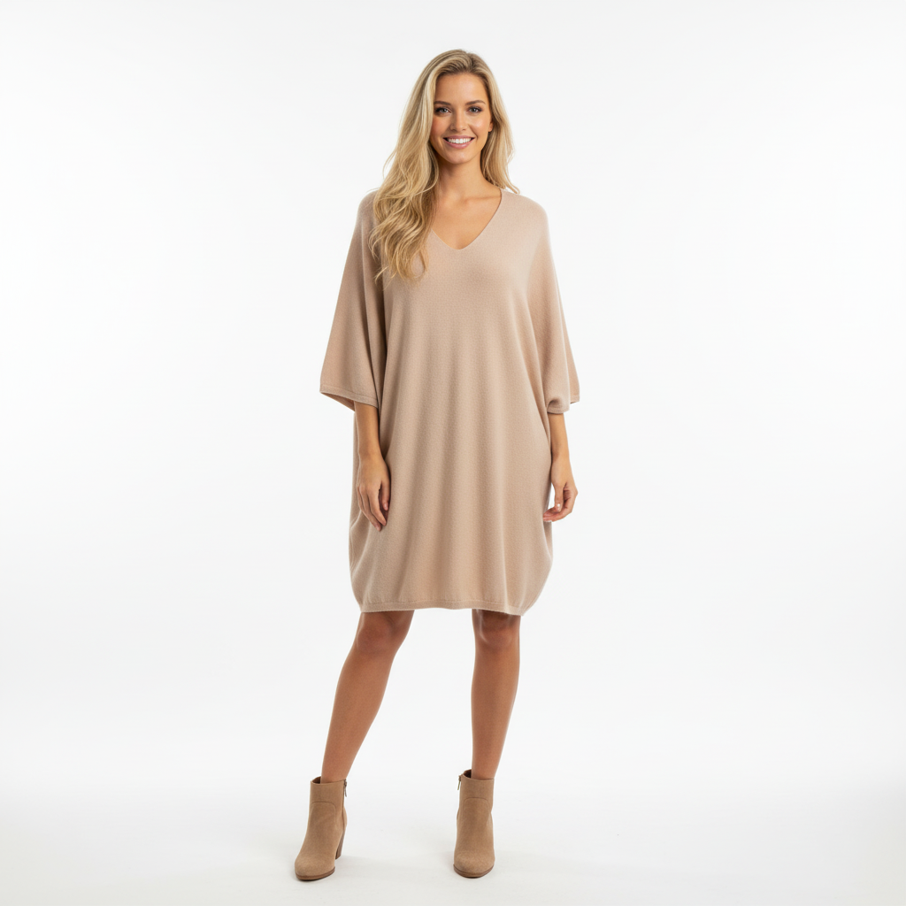 VESTIDO SINAIS VISIVEIS ROSE MANGA CUMPRIDA DECOTE EM BICO