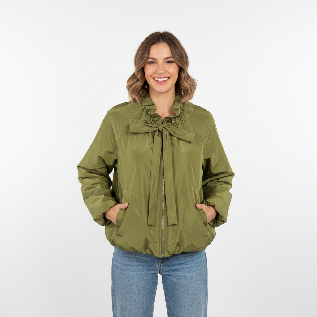 CASACO CAMILLE FRANCE VERDE IMPERMEAVEL LAÇO AMARRAÇÃO ZIPER PRATA BOLSOS