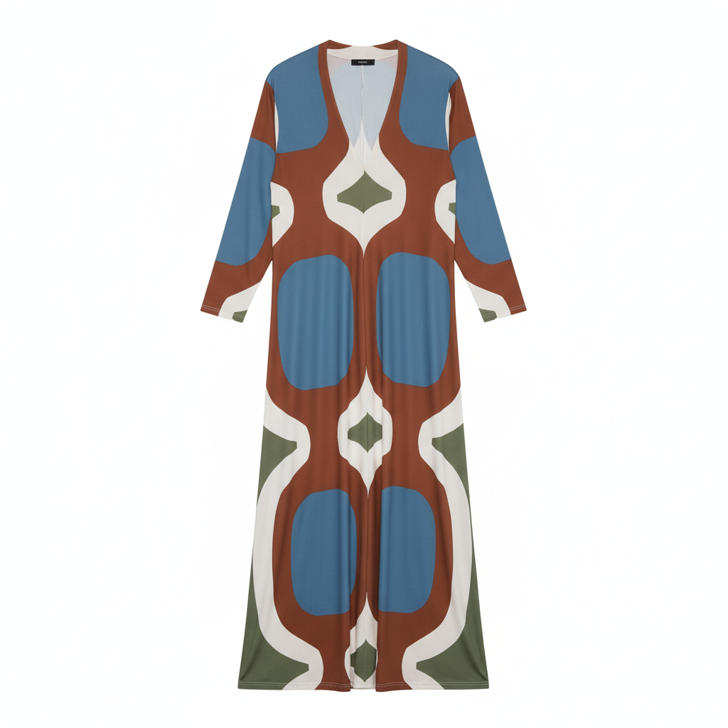 VESTIDO CAMILLE FRANCE AZUL CASTANHO VERDE BRANCO FENDA FRONTAL MANGA CUMPRIDA PADRÃO CIRCULOS LONGO