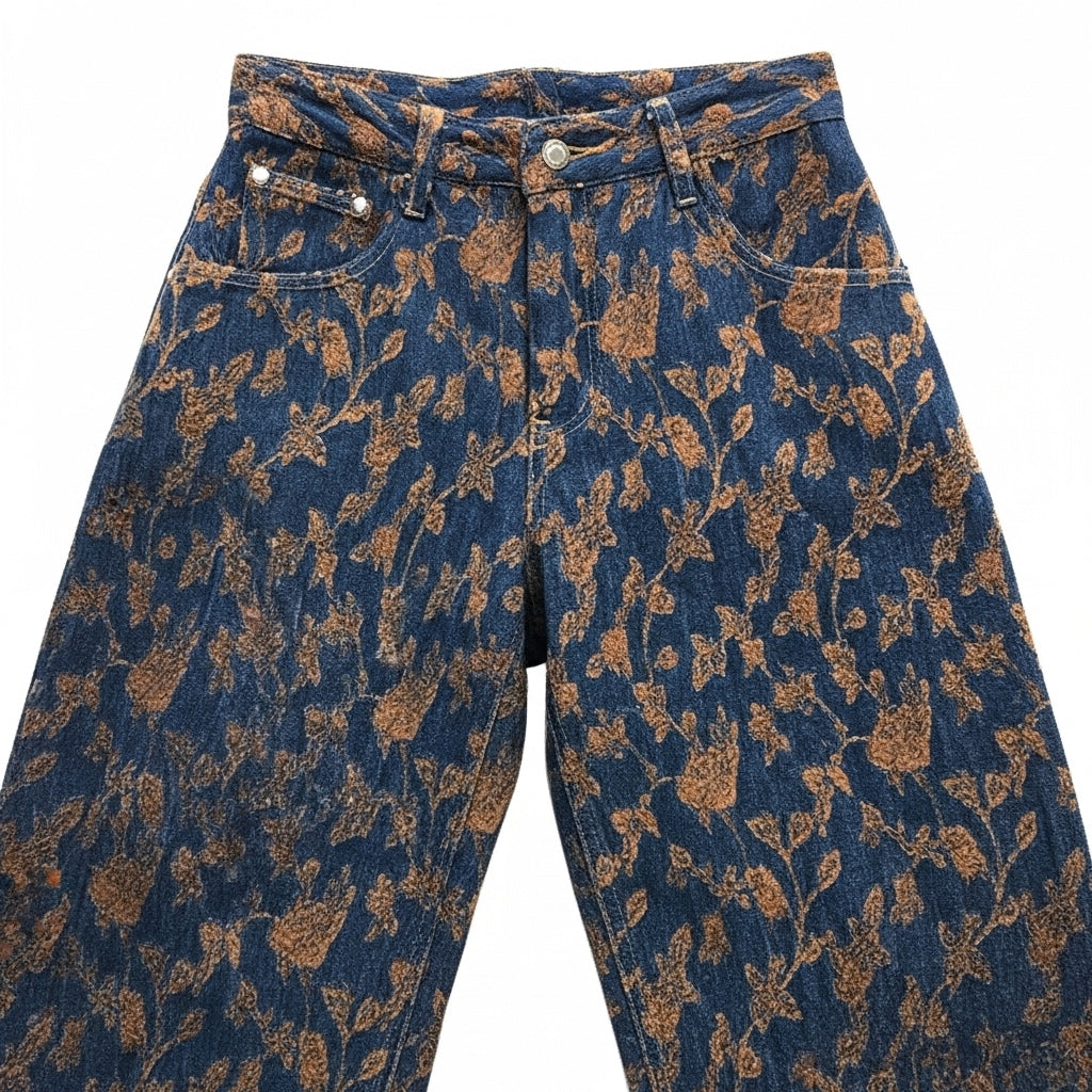 CALÇA GANGA MOCHY AZUL MARINHO ESTAMPA FLORAL FLORES CASTANHO BOLSO FRONTAL E TRASEIRO