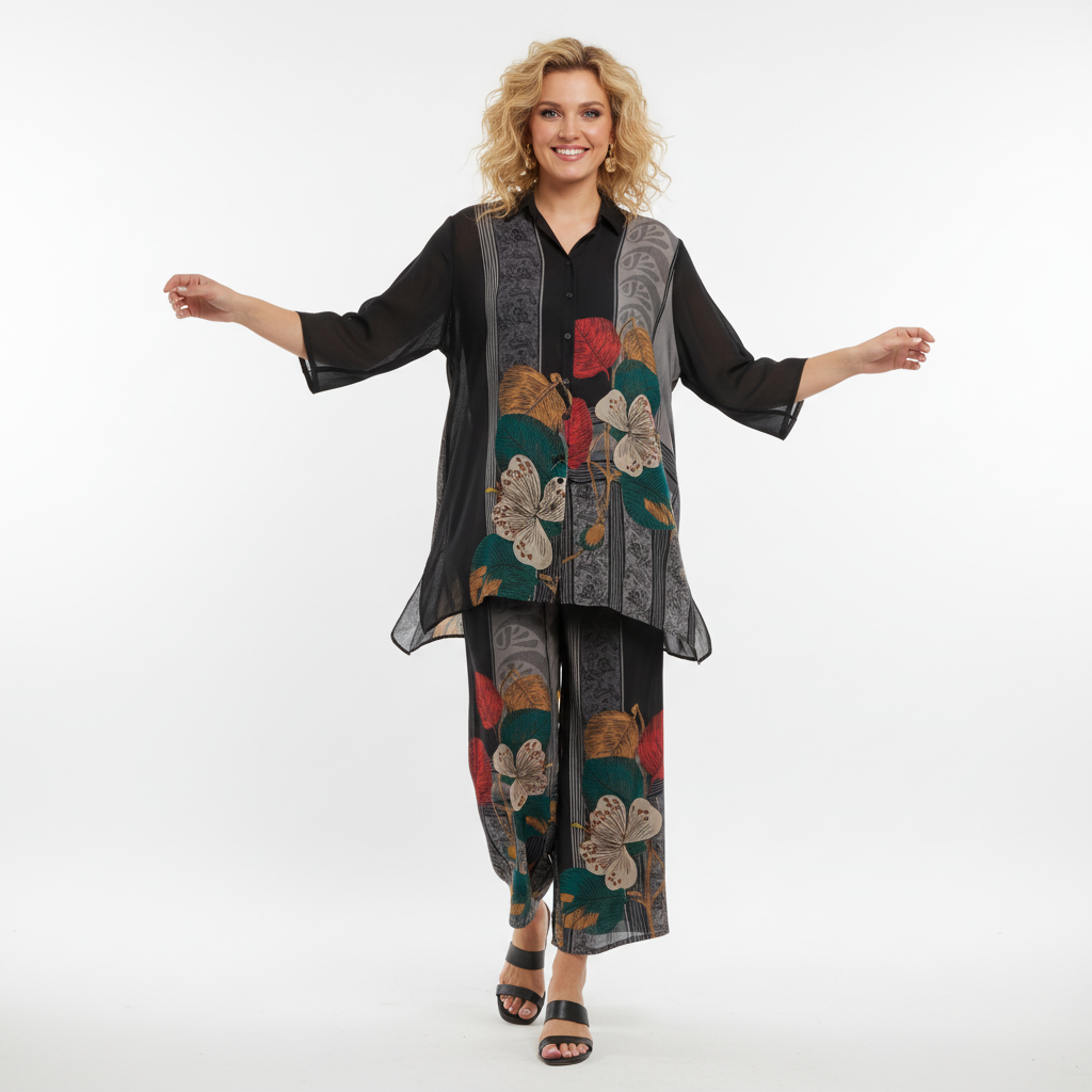 CONJUNTO CAMISA CUMPRIDA BOTOES PADRÃO TROPICAL FLORES TRANSPARENTE E CALÇA ELASTICO PADRÃO TROPICAL