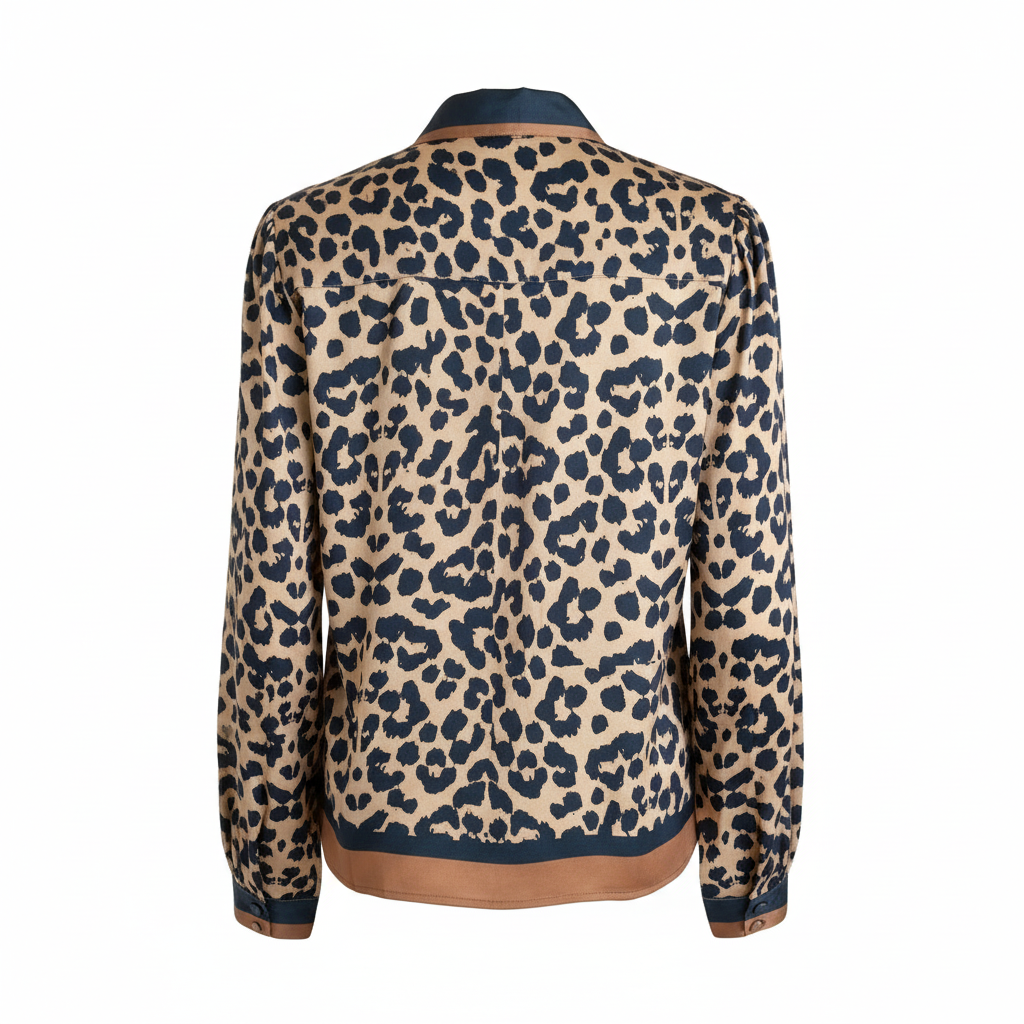 CAMISA ELLIE WHITE LEOPARDO AZUL MARINHO CASTANHO DOURADO LAÇO AMARRAÇÃO MANGA LONGA