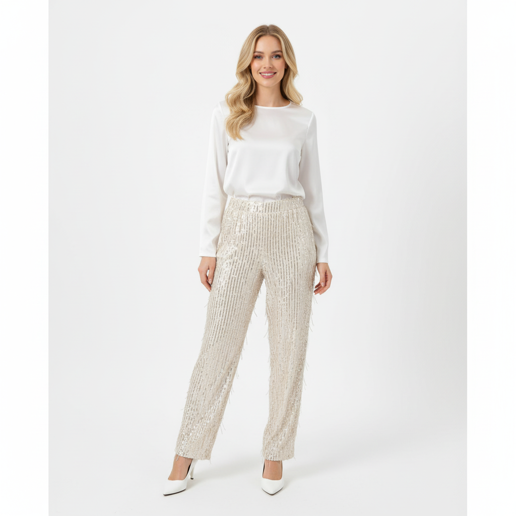 CALÇA RETA ELLI WHITE ROSE NUDE LANTEJOULAS FITAS DE BRILHO