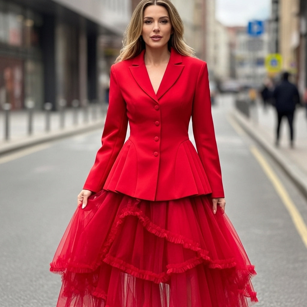 BLAZER MOCHY VERMELHO ACINTURADO DRAPEADO BOTÕES REVESTIDOS