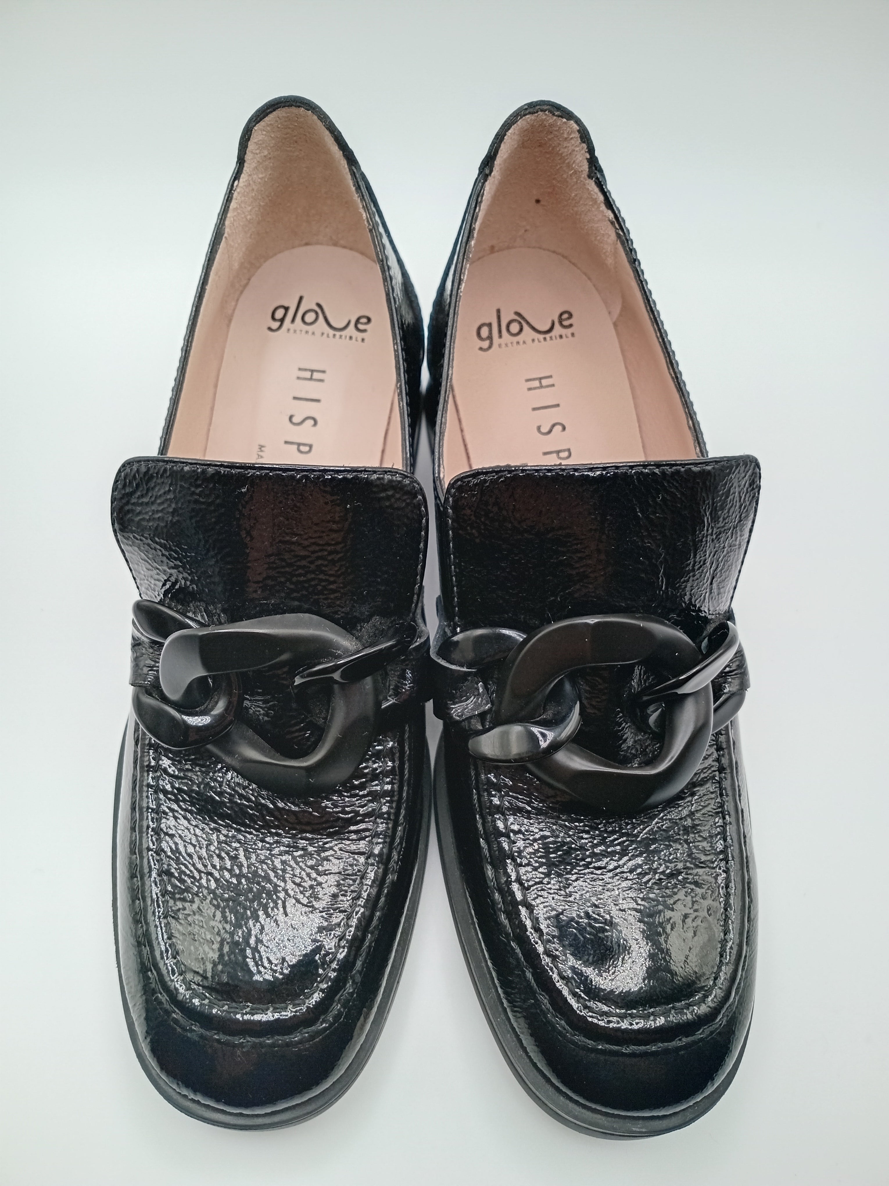 MOCASSIM SALTO HISPANITAS PRETO COURO TIRA CORRENTE BICO REDONDO