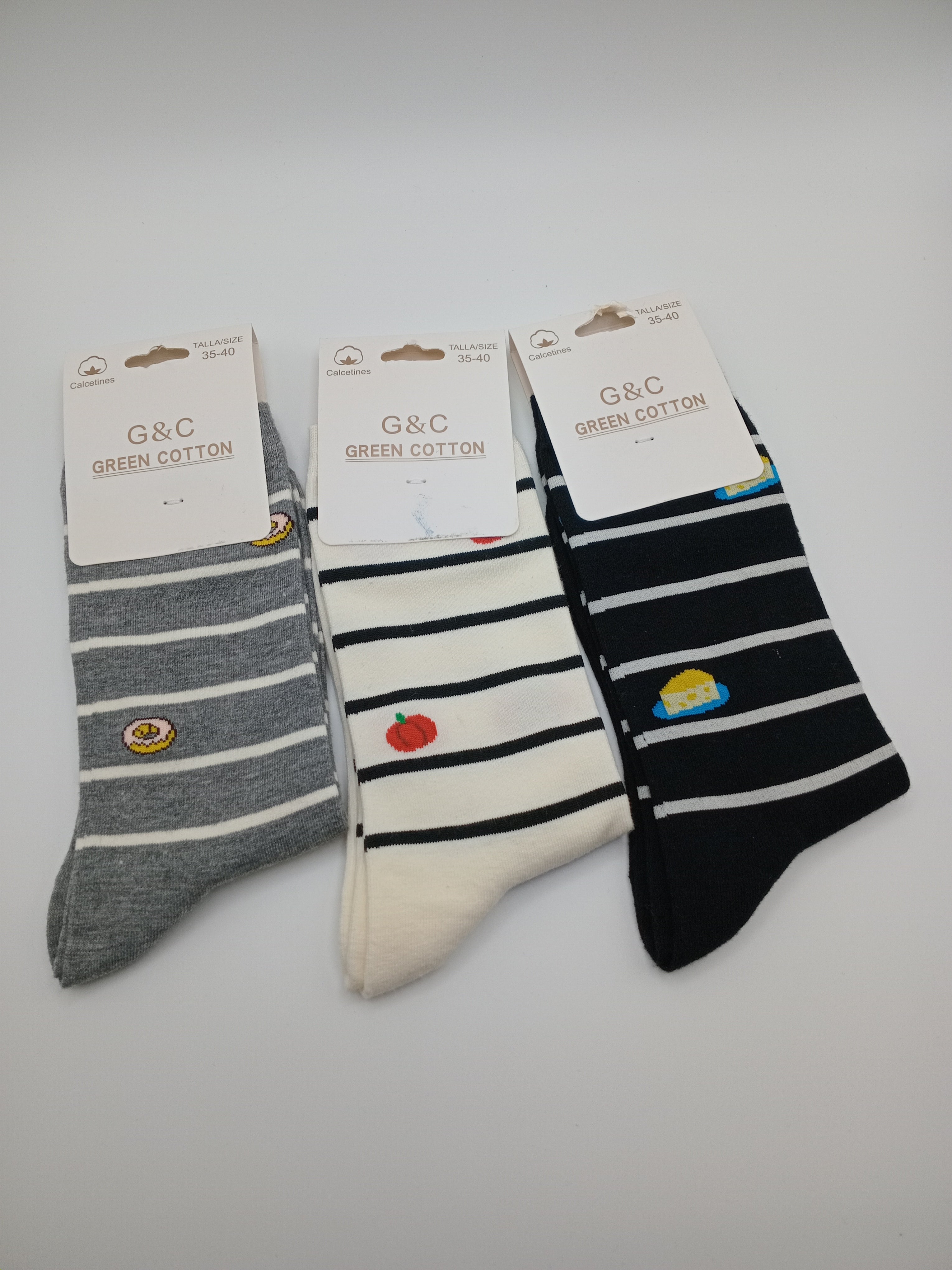 MEIA KIT 3 PARES G&C GREEN COTTON LISTRADAS CINZA DONUTS BRANCA ABÓBORA PRETA QUEIJO