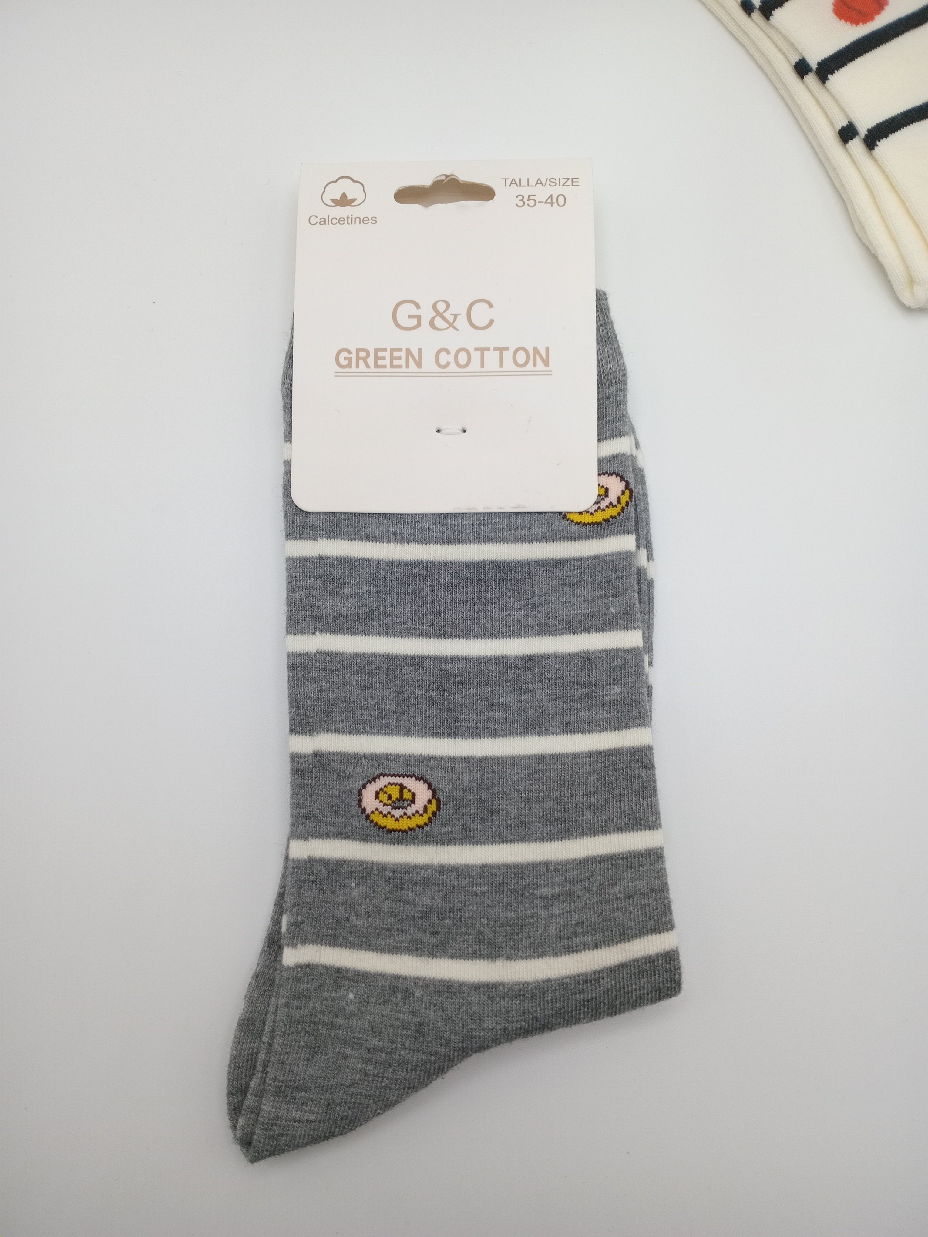 MEIA KIT 3 PARES G&C GREEN COTTON LISTRADAS CINZA DONUTS BRANCA ABÓBORA PRETA QUEIJO