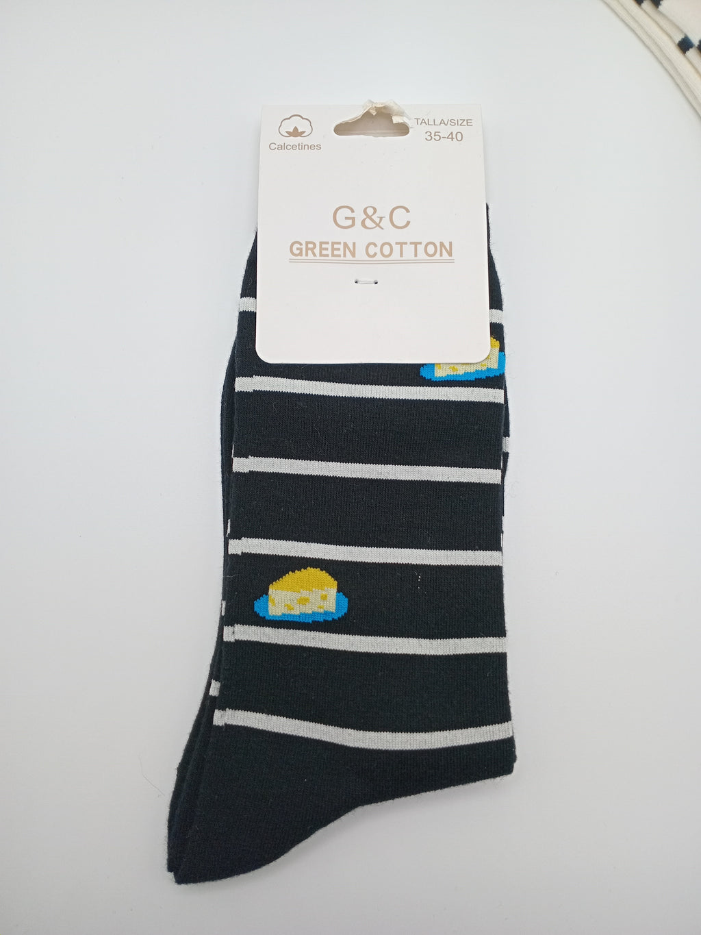 MEIA KIT 3 PARES G&C GREEN COTTON LISTRADAS CINZA DONUTS BRANCA ABÓBORA PRETA QUEIJO