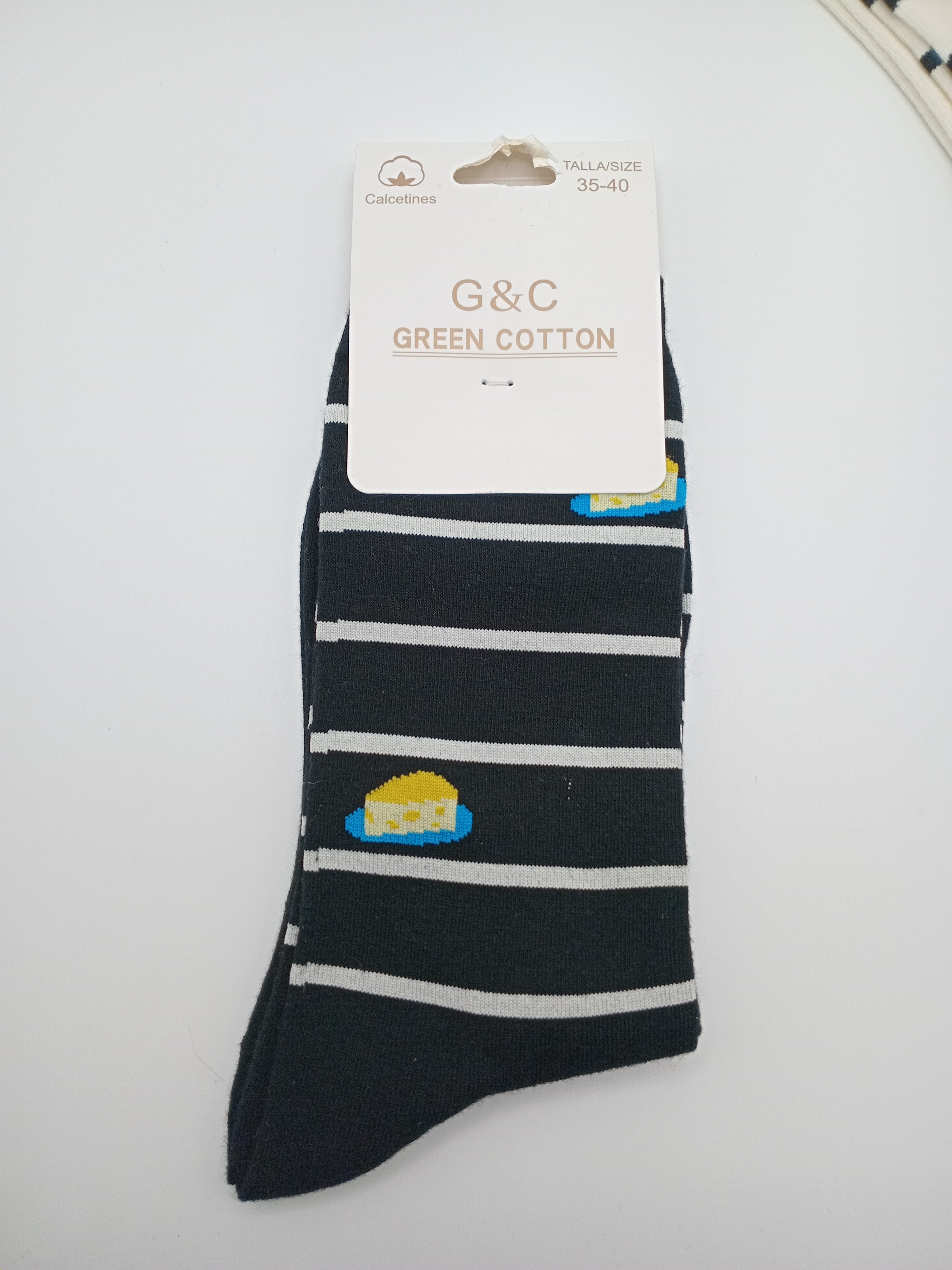 MEIA KIT 3 PARES G&C GREEN COTTON LISTRADAS CINZA DONUTS BRANCA ABÓBORA PRETA QUEIJO