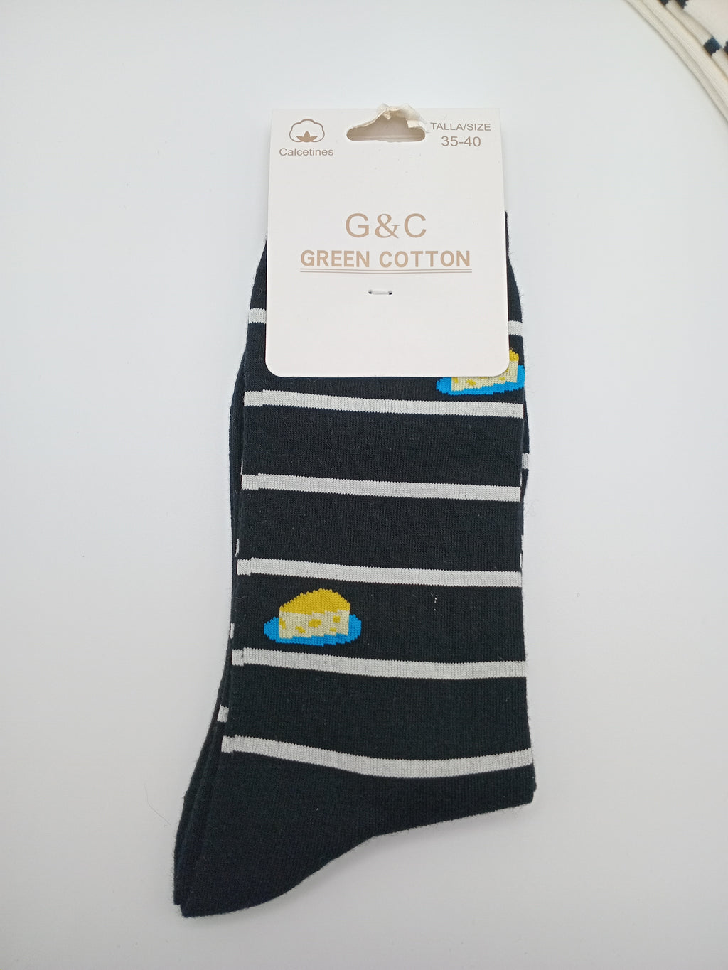 MEIA KIT 3 PARES G&C GREEN COTTON LISTRADAS CINZA DONUTS BRANCA ABÓBORA PRETA QUEIJO