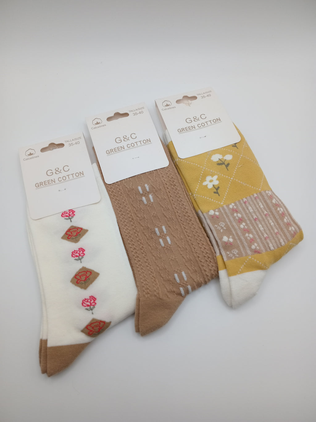 MEIA KIT 3 PARES G&C GREEN COTTON FLORES BRANCA ROSAS CASTANHO TEXTURA MOSTARDA FLOR