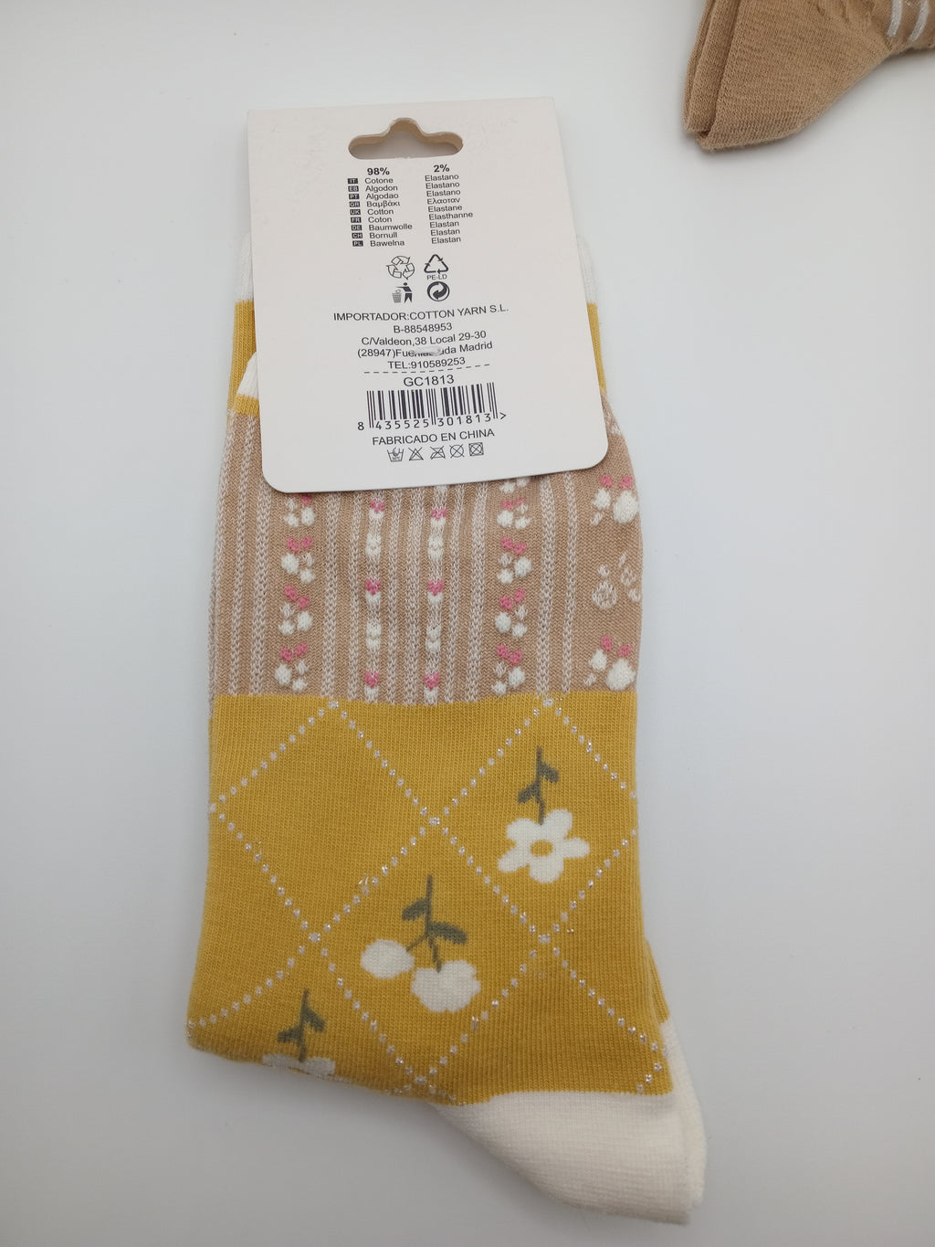MEIA KIT 3 PARES G&C GREEN COTTON FLORES BRANCA ROSAS CASTANHO TEXTURA MOSTARDA FLOR