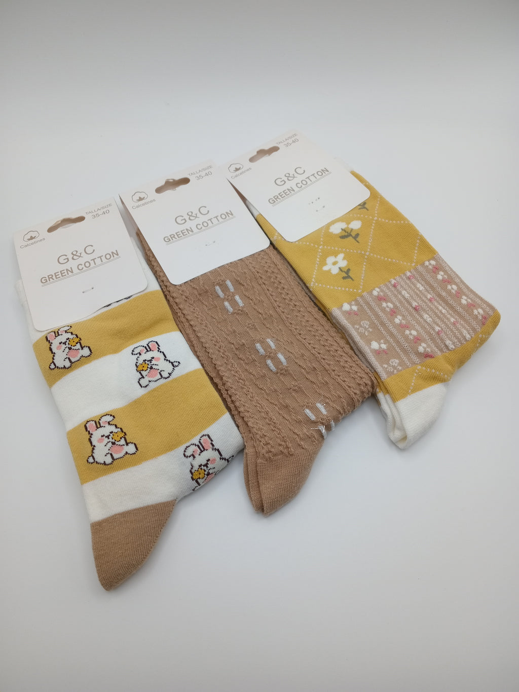 MEIA KIT 3 PARES G&C GREEN COTTON MISTA LISTRA COELHO CASTANHO TEXTURA MOSTARDA FLOR