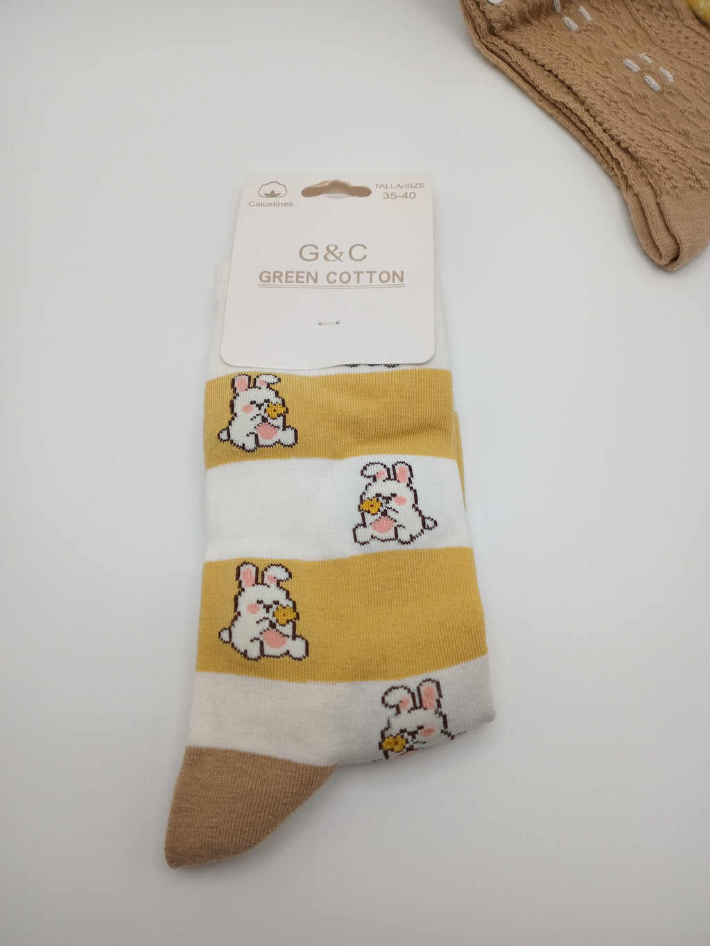 MEIA KIT 3 PARES G&C GREEN COTTON MISTA LISTRA COELHO CASTANHO TEXTURA MOSTARDA FLOR