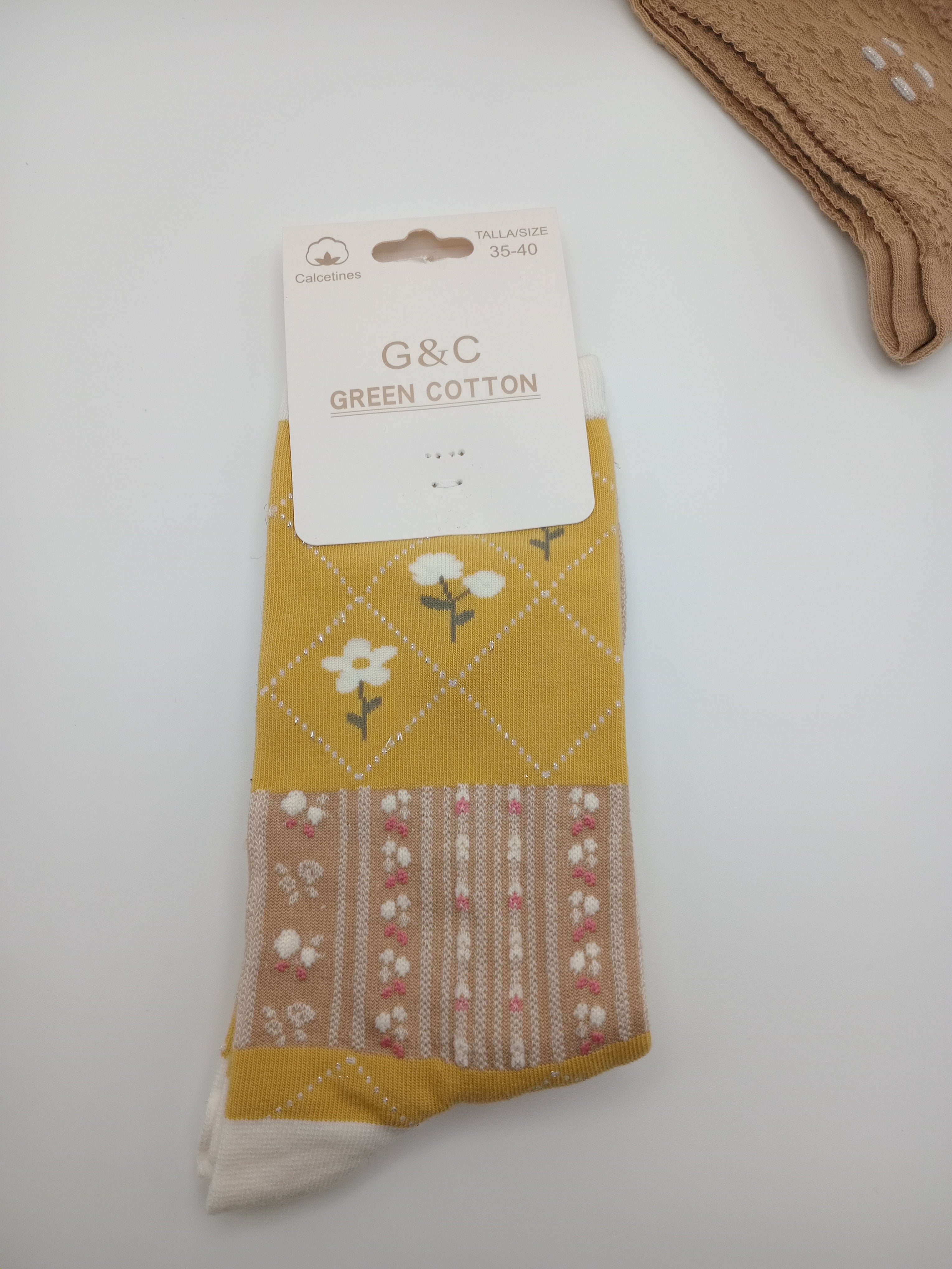 MEIA KIT 3 PARES G&C GREEN COTTON MISTA LISTRA COELHO CASTANHO TEXTURA MOSTARDA FLOR