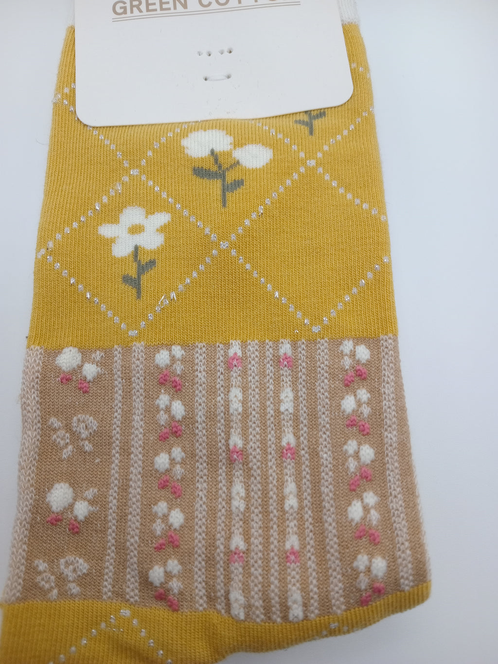 MEIA KIT 3 PARES G&C GREEN COTTON MISTA LISTRA COELHO CASTANHO TEXTURA MOSTARDA FLOR