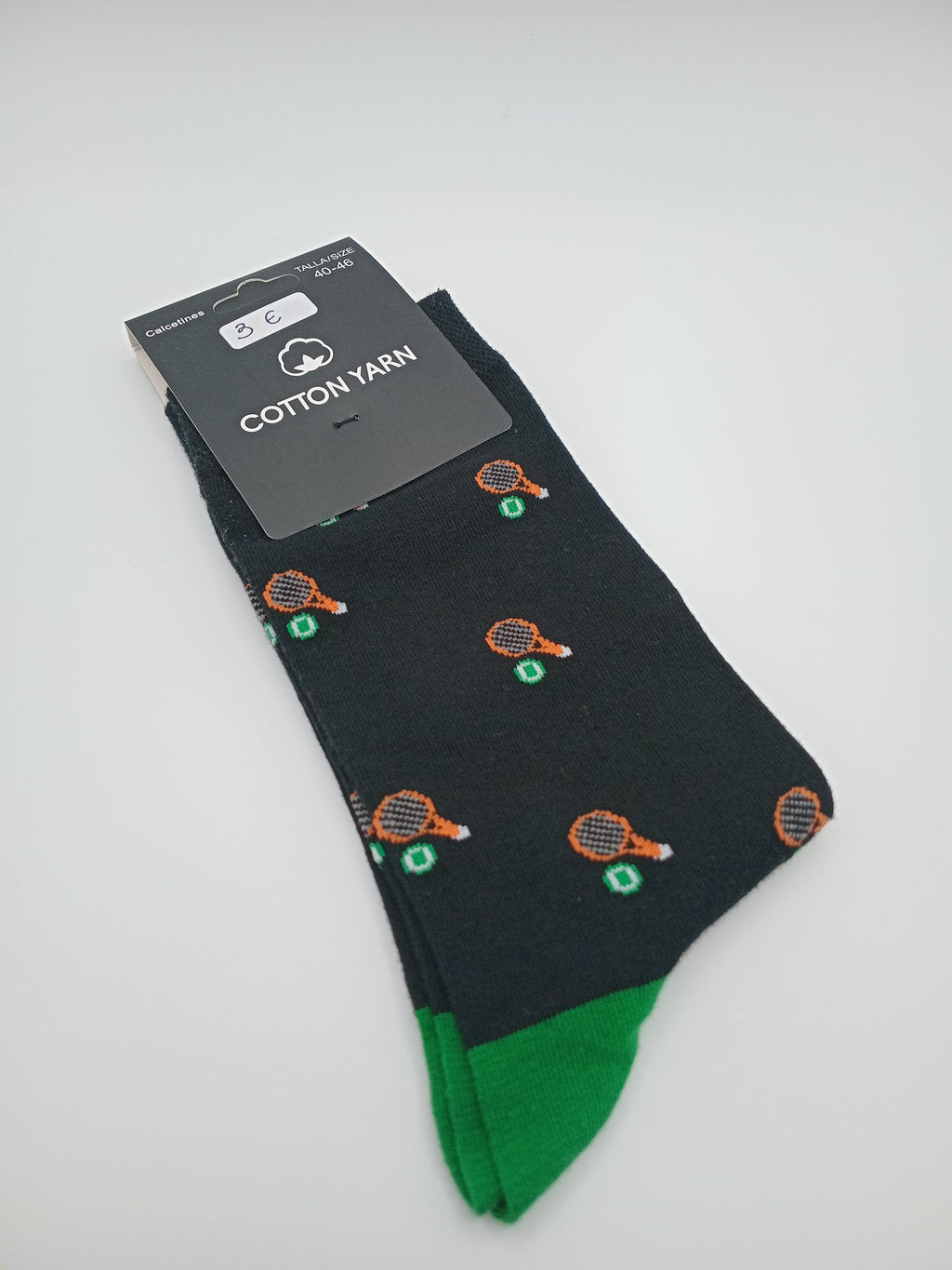 MEIA COTTON YARN PRETO VERDE RAQUETE TÊNIS