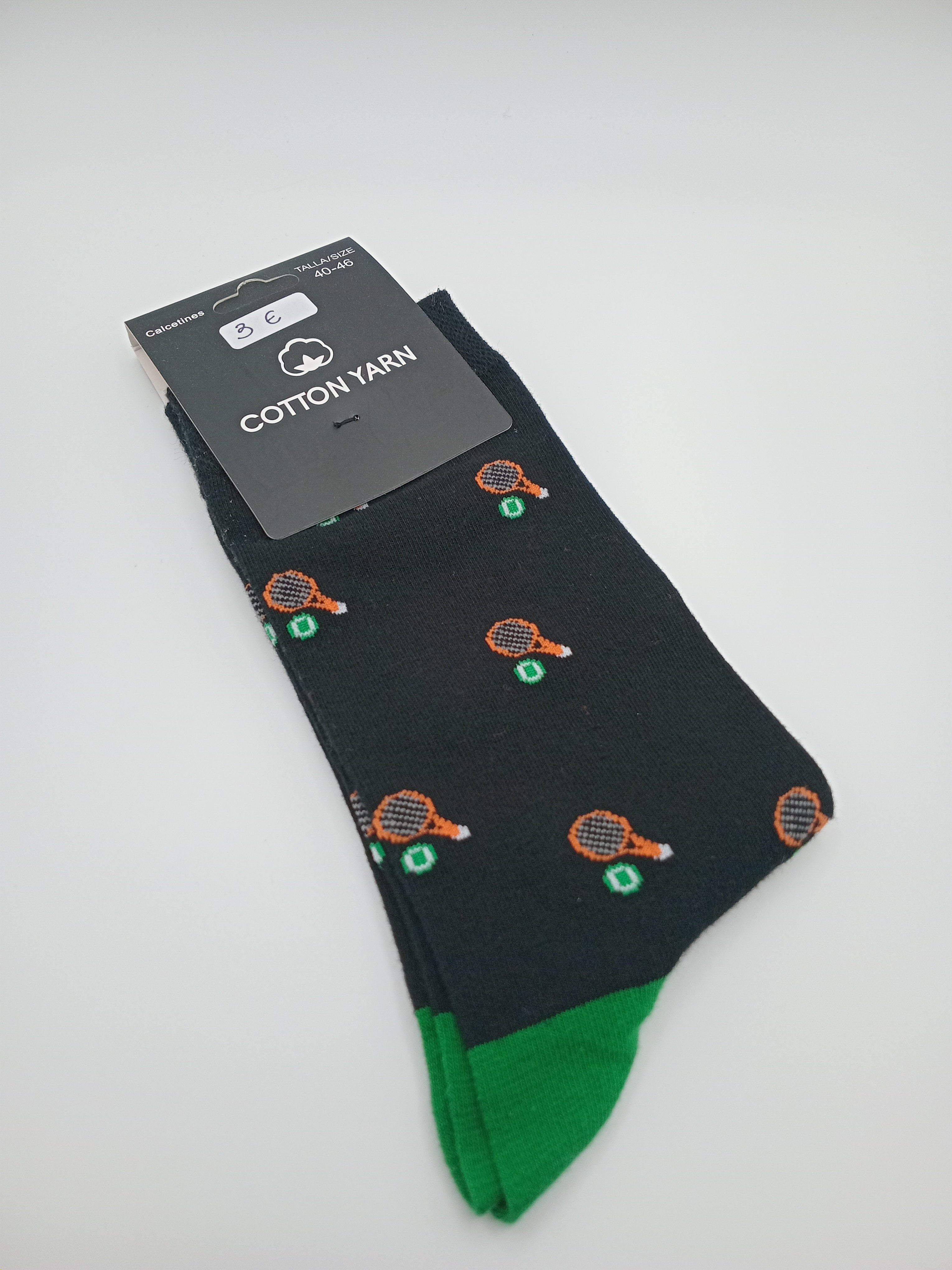 MEIA COTTON YARN PRETO VERDE RAQUETE TÊNIS