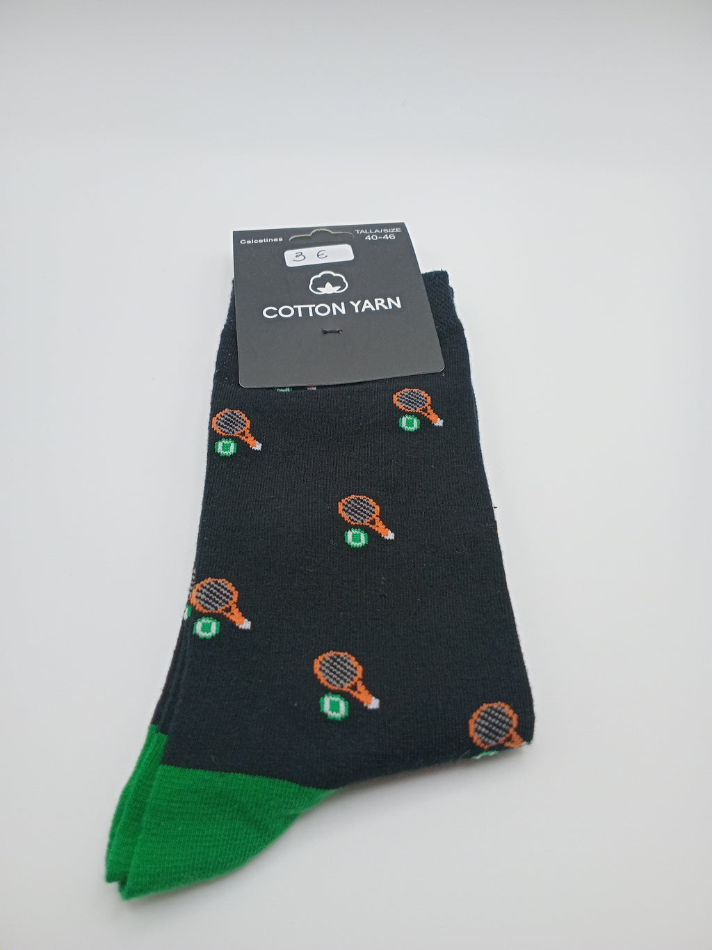 MEIA COTTON YARN PRETO VERDE RAQUETE TÊNIS