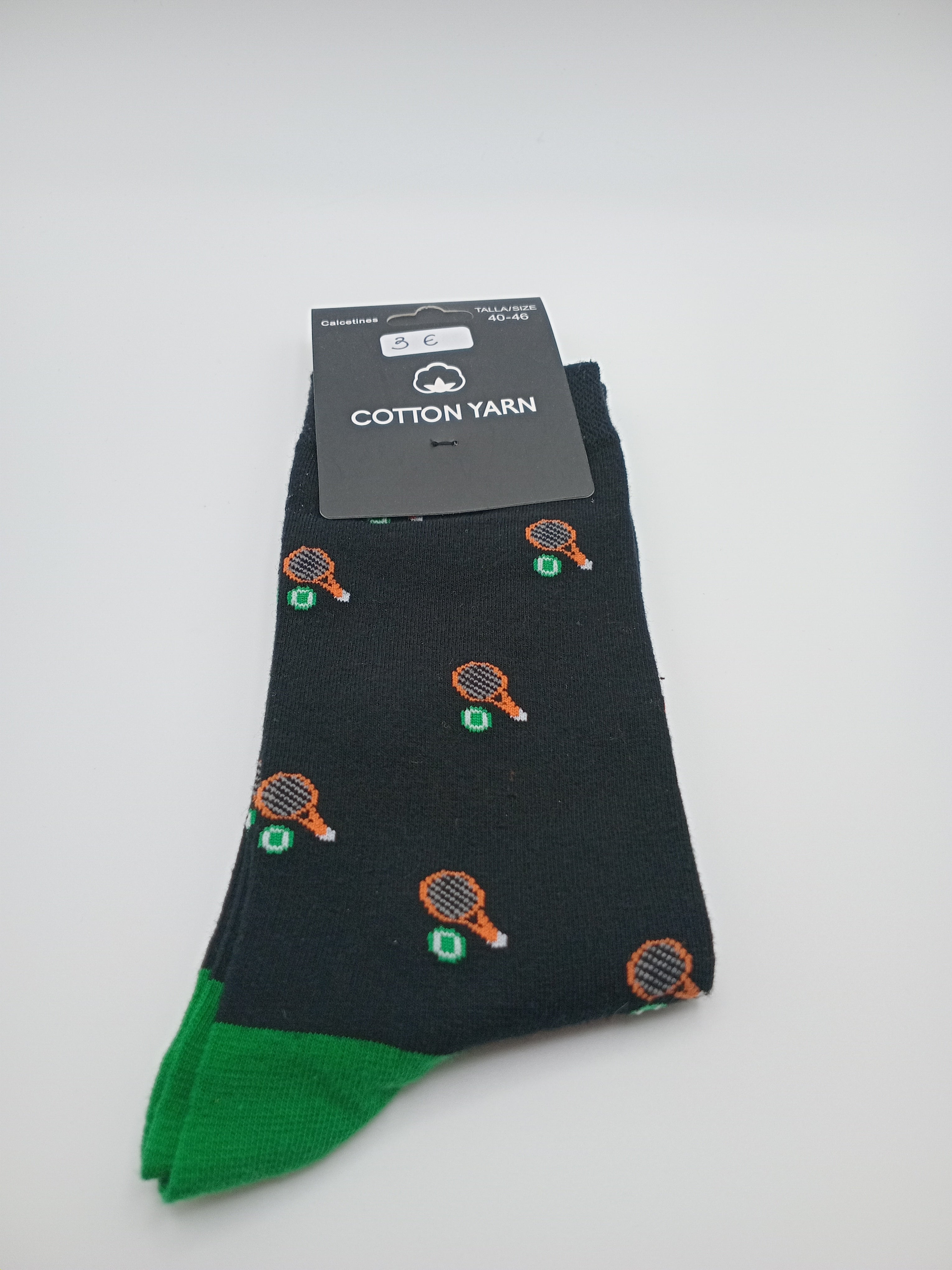 MEIA COTTON YARN PRETO VERDE RAQUETE TÊNIS