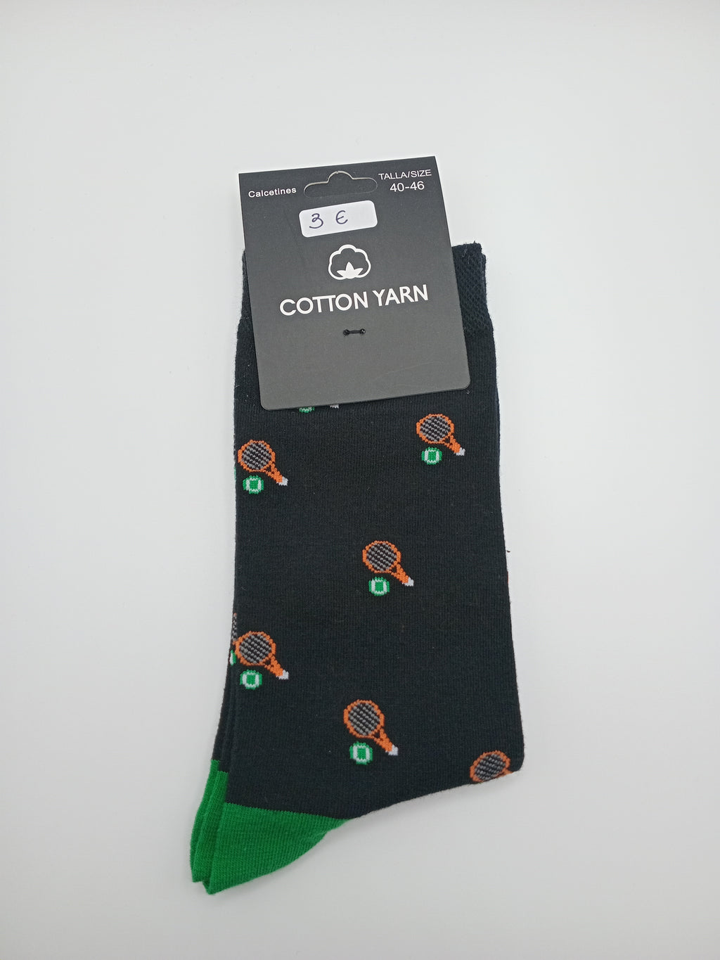 MEIA COTTON YARN PRETO VERDE RAQUETE TÊNIS