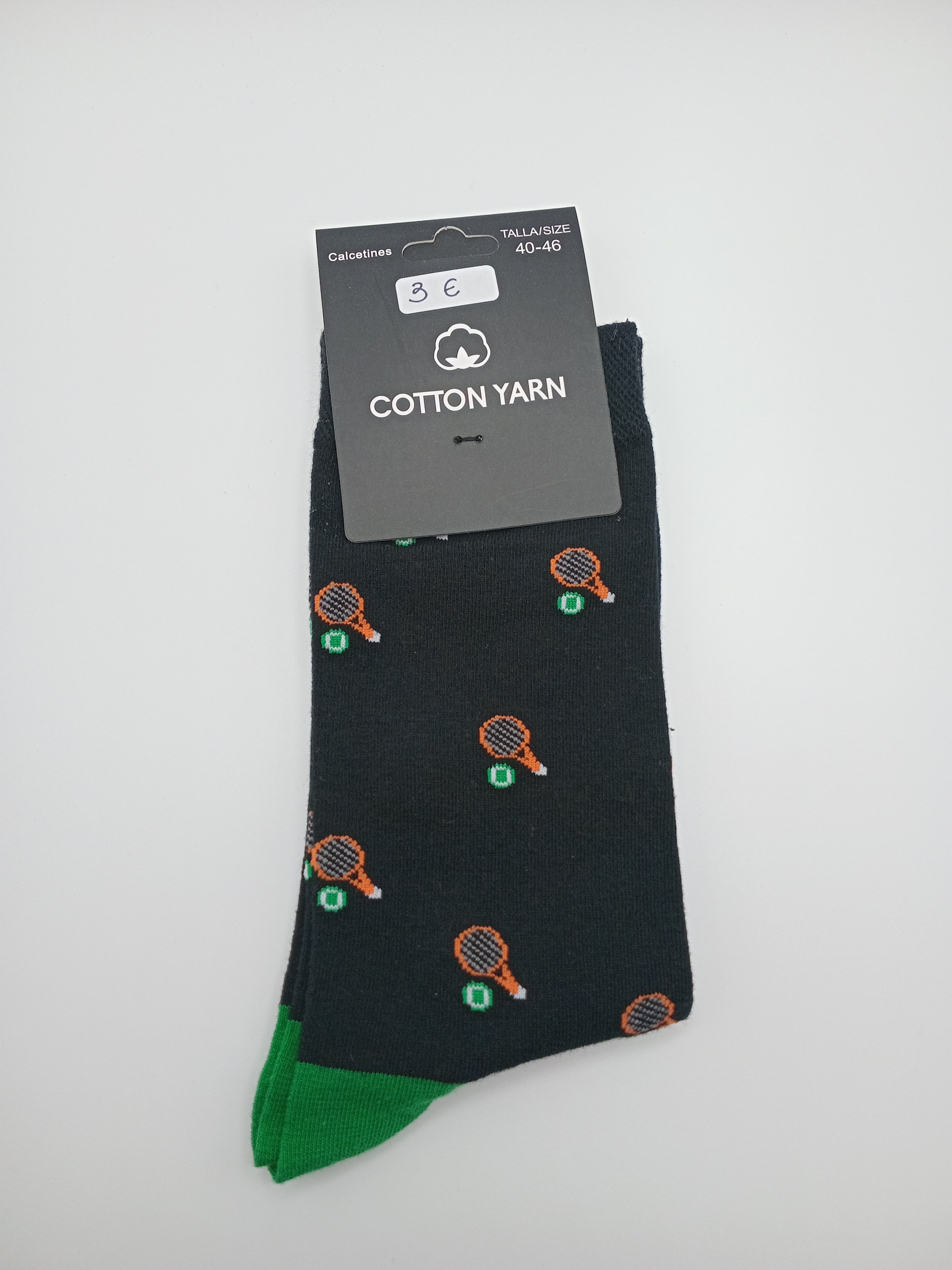 MEIA COTTON YARN PRETO VERDE RAQUETE TÊNIS