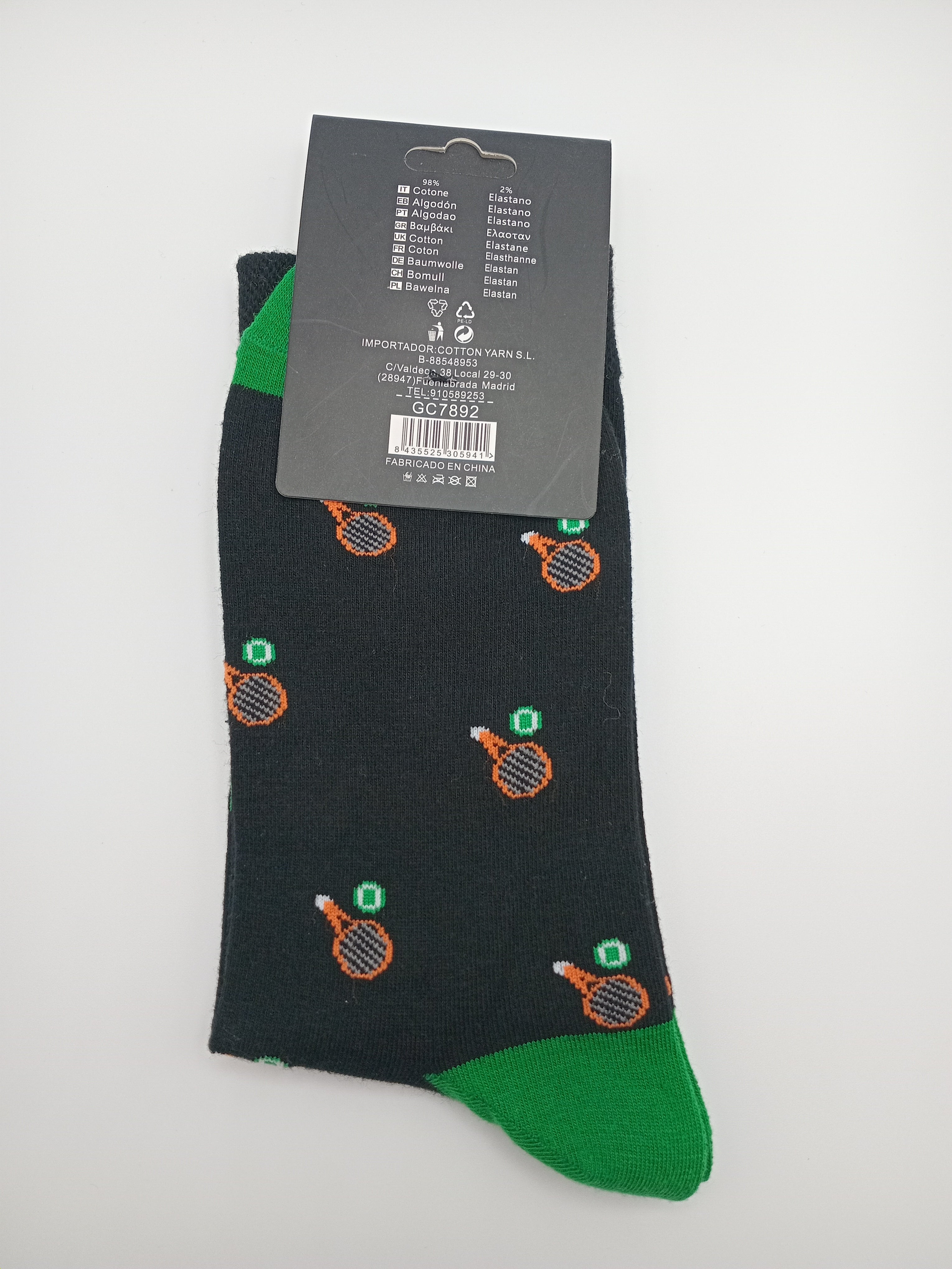 MEIA COTTON YARN PRETO VERDE RAQUETE TÊNIS