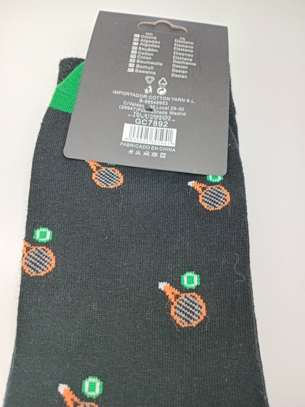 MEIA COTTON YARN PRETO VERDE RAQUETE TÊNIS