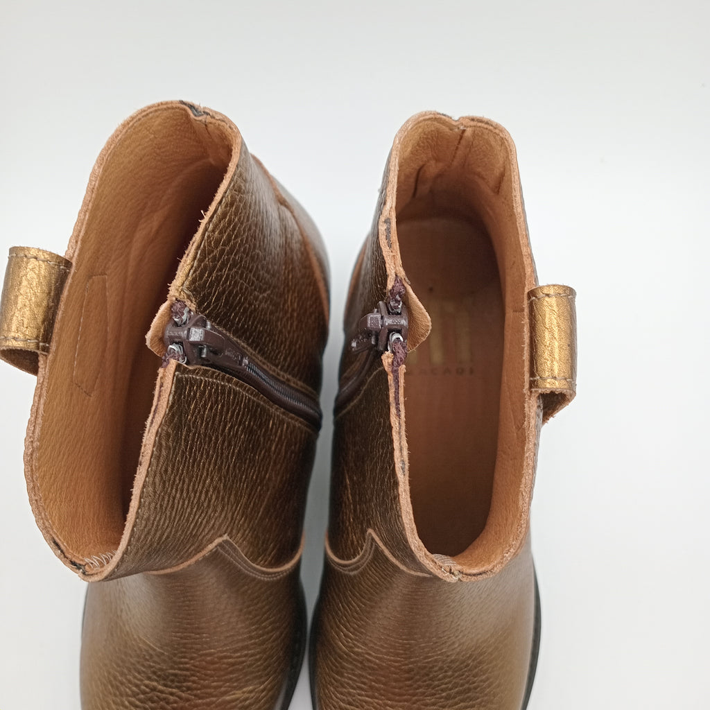 BOTA TEXANA MACADI DOURADO COURO COBRA BICUDO ZIPER BOTIM